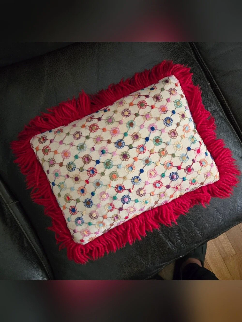 Vintage Embroidered Multicolor Decorative Throw Pillow with Red Fringe